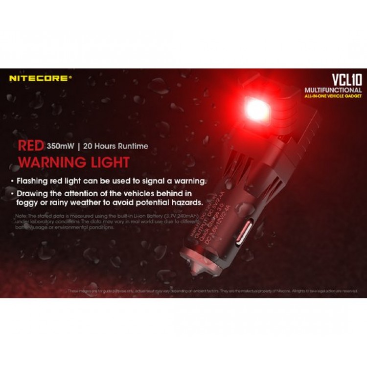 Nitecore VCL10 Quick Car Charger 3.0 with White & Red Flashlight